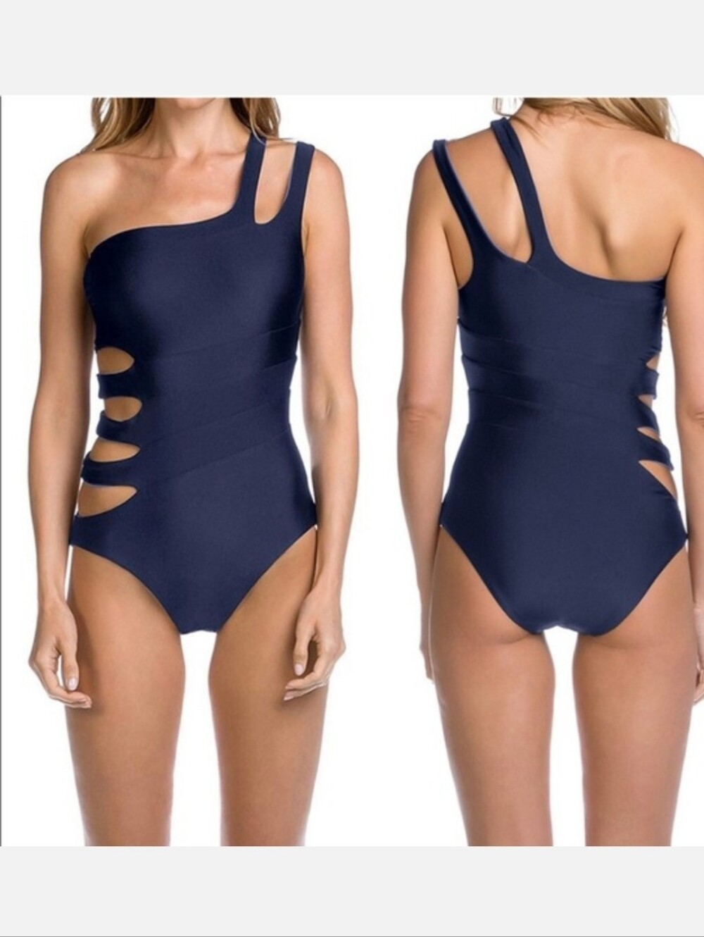 NWOT Becca one-piece swimming suit, Navy blue, reversible asymmetrical Size M